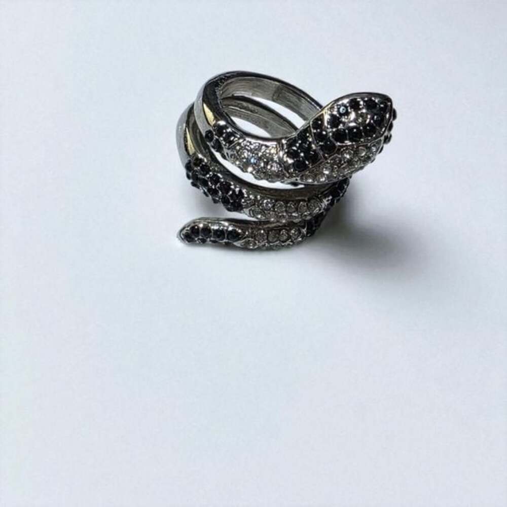 Silver Rhinestine and Black Snake Ring